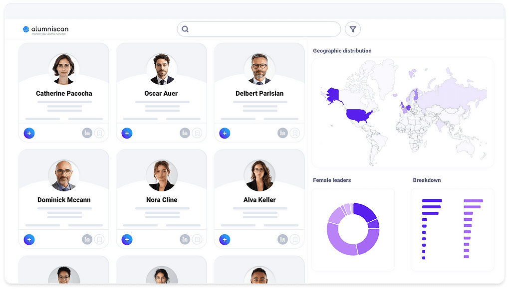 AlumniScan dashboard with alumni profiles, a map of where they live and charts
